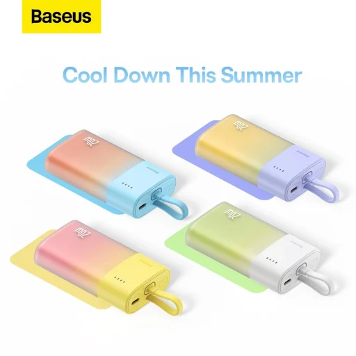 Baseus Popsicle 5200mAh 20W Powerbank beépített Lightning kábellel (+ Fehér Baseus Simple USB-C - USB-C 60W/20V/3A/30cm kábel) - Sárga-Rózsaszín - 10