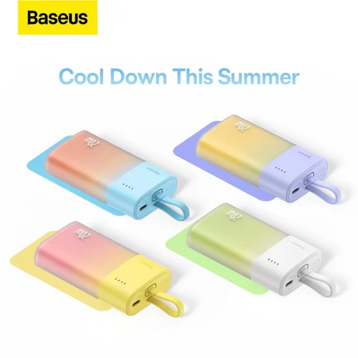 Baseus Popsicle 5200mAh 20W Powerbank beépített Lightning kábellel (+ Fehér Baseus Simple USB-C - USB-C 60W/20V/3A/30cm kábel) - Fehér-Zöld - 11