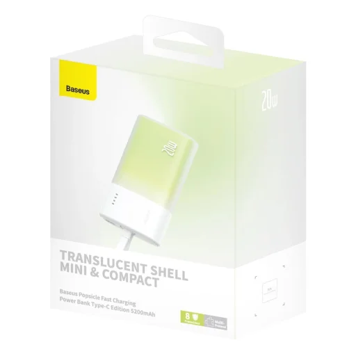 Baseus Popsicle 5200mAh 20W Powerbank beépített Lightning kábellel (+ Fehér Baseus Simple USB-C - USB-C 60W/20V/3A/30cm kábel) - Fehér-Zöld - 12