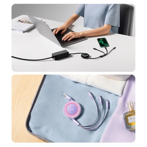 Baseus Bright Mirror 2 visszahúzható 3 az 1-ben kábel USB Type A - micro USB + Lightning + USB Type C 66W 1.1m lila (CAMJ010105) - 19