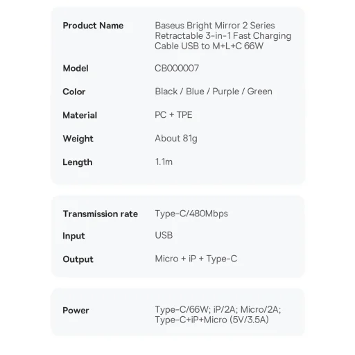 Baseus Bright Mirror 2 visszahúzható 3 az 1-ben kábel USB Type A - micro USB + Lightning + USB Type C 66W 1.1m lila (CAMJ010105) - 21