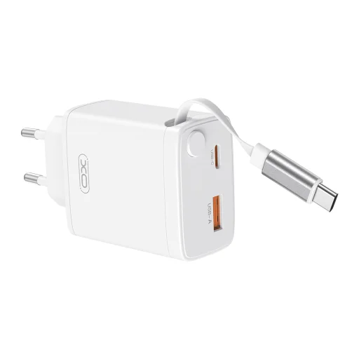 XO fali töltő CE31 1x USB 1x USB-C 30W fehér visszahúzható USB-C kábellel - 2