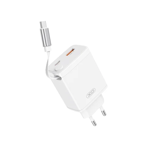 XO fali töltő CE31 1x USB 1x USB-C 30W fehér visszahúzható USB-C kábellel - 1