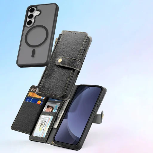 Dux Ducis Lawa bőrtok Samsung Galaxy S25-höz levehető mágneses pénztárcával - Fekete tok - 10