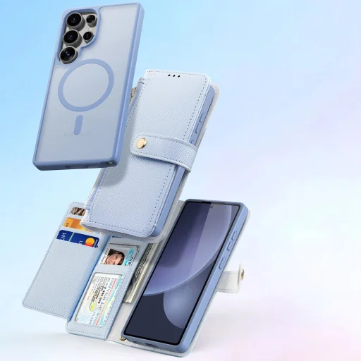 Dux Ducis Lawa bőrtok Samsung Galaxy S25 Ultra készülékhez levehető mágneses pénztárcával - Kék tok - 11