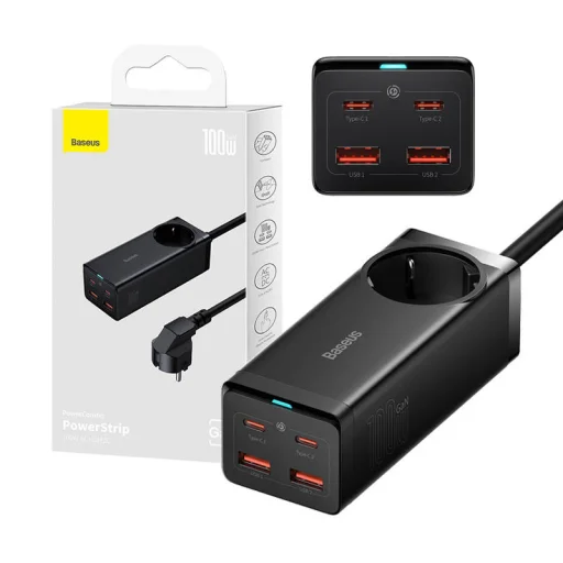 Baseus GaN3 Pro Töltő / elosztó, 2xUSB + 2xUSB-C + AC, 100W (fekete) - 1