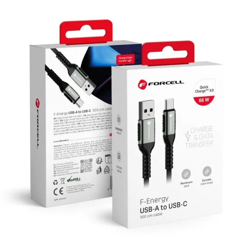 FORCELL F-ENERGY C256 kábel USB A-ról Type C-re QC3.0 3A 66W Cafule 3 m fekete - 1