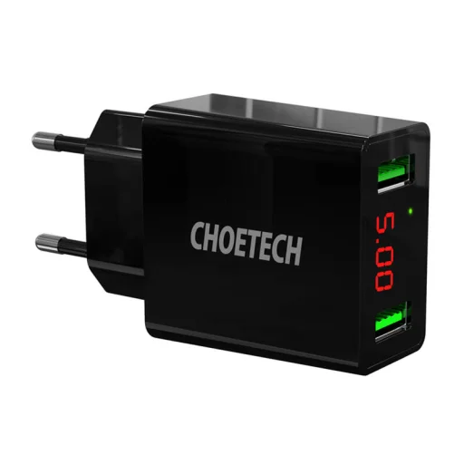 Choetech 2USB-A Portos Fali Töltő C0028 Digitális Kijelzővel - 1