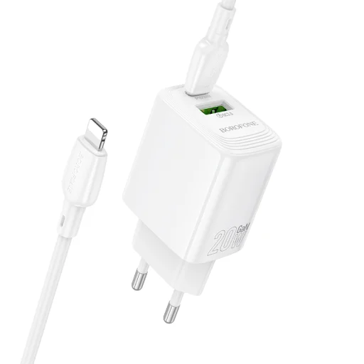 Borofone hálózati töltő BN27 Fuente - USB + Type-C - QC 3.0 PD 20W, Type-C Lightning kábellel fehér - 2