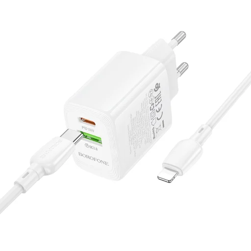 Borofone hálózati töltő BN27 Fuente - USB + Type-C - QC 3.0 PD 20W, Type-C Lightning kábellel fehér - 3