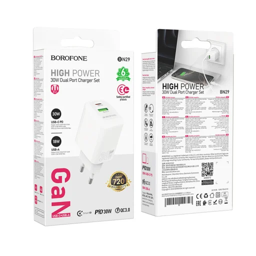 Borofone fali töltő BN29 Fuente - USB + Type C - QC 3.0 PD 30W fehér - 4