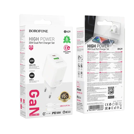 Borofone fali töltő BN29 Fuente - USB + Type C - QC 3.0 PD 30W Type C - Lightning kábel fehér - 9