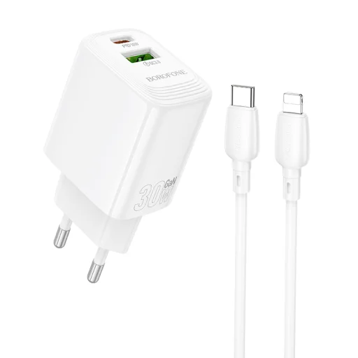 Borofone fali töltő BN29 Fuente - USB + Type C - QC 3.0 PD 30W Type C - Lightning kábel fehér - 1