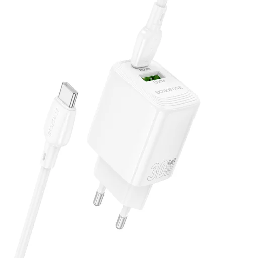 Borofone fali töltő BN29 Fuente - USB + Type C - QC 3.0 PD 30W Type C - Type C kábellel fehér GaN - 2