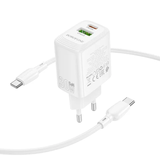 Borofone fali töltő BN29 Fuente - USB + Type C - QC 3.0 PD 30W Type C - Type C kábellel fehér GaN - 5