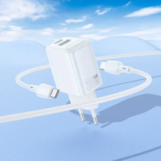 Borofone fali töltő BN29 Fuente - USB + Type C - QC 3.0 PD 30W Type C - Type C kábellel fehér GaN - 8
