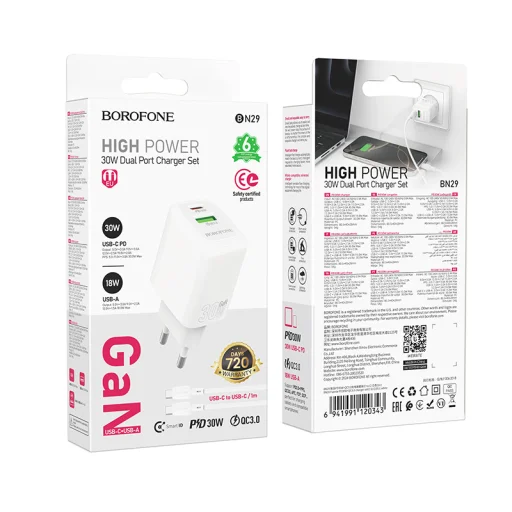 Borofone fali töltő BN29 Fuente - USB + Type C - QC 3.0 PD 30W Type C - Type C kábellel fehér GaN - 9