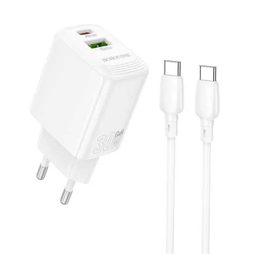 Borofone fali töltő BN29 Fuente - USB + Type C - QC 3.0 PD 30W Type C - Type C kábellel fehér GaN - 1