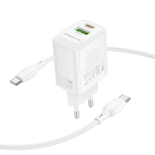 Borofone Fali töltő BN27 Fuente - USB + Type C - QC 3.0 PD 20W Type C to Type C kábellel fehér - 5