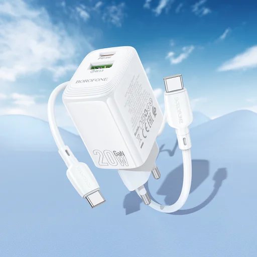 Borofone Fali töltő BN27 Fuente - USB + Type C - QC 3.0 PD 20W Type C to Type C kábellel fehér - 8