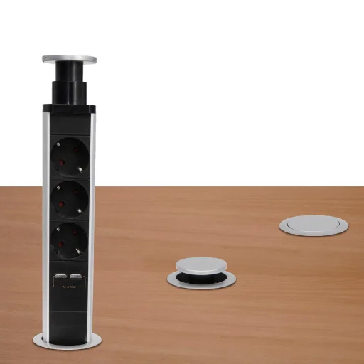 Home NVE 3/USB süllyesztett elosztó USB töltőaljzatokkal, 1,4 m, 3 földelt aljzat gyermekvédelemmel, asztalba, munkalapba építhető, süllyeszthető, max. 3680 W - 3