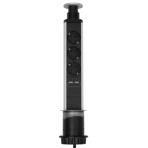 Home NVE 3/USB süllyesztett elosztó USB töltőaljzatokkal, 1,4 m, 3 földelt aljzat gyermekvédelemmel, asztalba, munkalapba építhető, süllyeszthető, max. 3680 W - 1