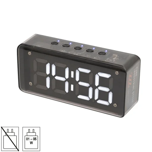 Home MECHACLOCK ébresztőóra multimédia lejátszóval, 3 W, fehér LED kijelző, FM rádió, BT, microSD, USB-C, ~15 óra üzemidő - 1