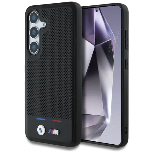 Eredeti BMW bőrtok trikolor csíkkal MagSafe Samsung Galaxy S25 Plus fekete tok - 1