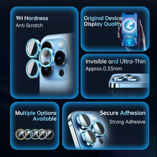 Rock edzett üveg Shiny Series Kamera lencse védőfólia iPhone 15/15 Plus-ra (2 darab lencse) fekete üvegfólia - 5