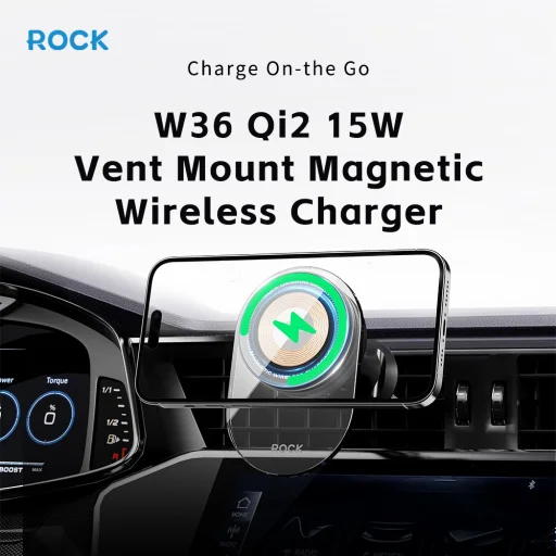 Rock mágneses autós tartó W36 Qi2 indukciós légkimeneti fekete, - 2