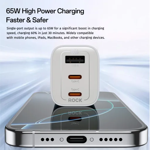 Rock Wall töltő Ice2Cube GaN - USB + 2xType C - PD 65W 3A fehér, - 6