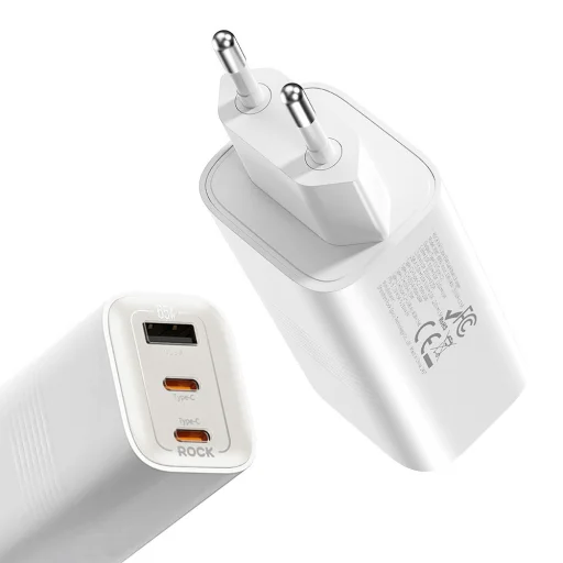 Rock Wall töltő Ice2Cube GaN - USB + 2xType C - PD 65W 3A fehér, - 1