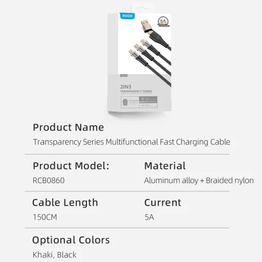 Rock kábel G20 Transparency Series fonott 5 az 1-ben - USB, Type C-ről Type C-re, Lightning, Micro USB - PD 100W 5A 1,5 méter fekete - 8