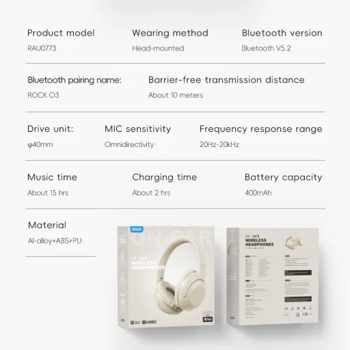 Rock Headphones O3 ANC bluetooth világosszürke - 8