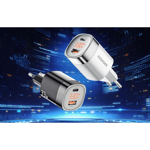 Fali töltő, Essager, ECTCA-LYB01-Z, GaN, USB-A, USB-C, 33W (fekete) - 6
