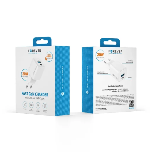 Forever TC-08-20AC GaN PD QC töltő 1x USB-C 1x USB 20W fehér - 3