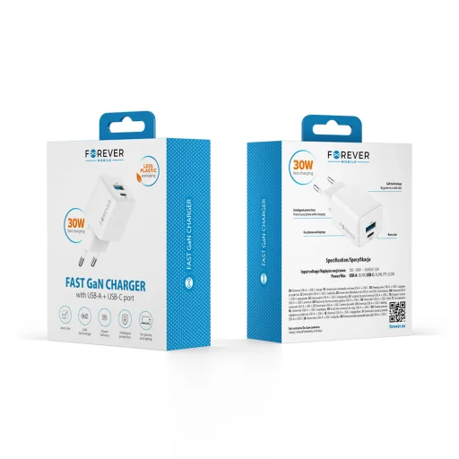 Forever TC-08-30AC GaN PD QC töltő 1x USB-C 1x USB 30W fehér - 3