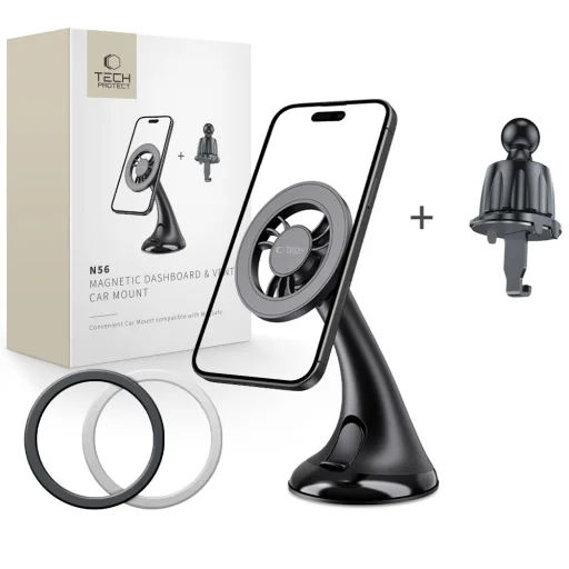 Tech-protect N56 Mágneses Magsafe Műszerfalra és Szellőzőre Erősíthető Autós Telefontartó Fekete - 1
