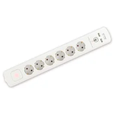 Home NVT 06K USB/WH túlfeszültség védett hálózati elosztó, 1,4 m, kapcsolós, H05VV-F 3G1,5 mm2 kábel, 6 aljzat, max. 3680W, falra akasztható, USB töltőaljzatok