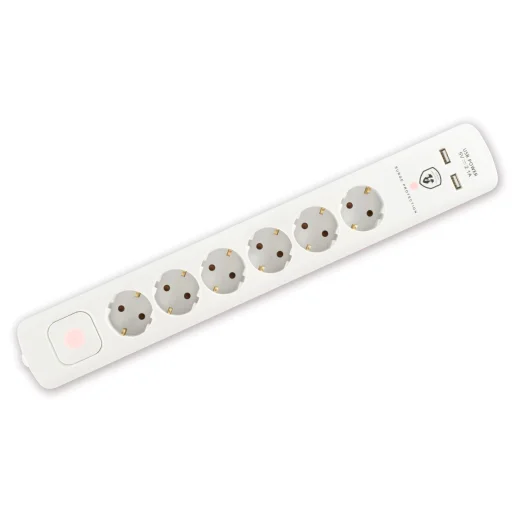 Home NVT 06K USB/WH túlfeszültség védett hálózati elosztó, 1,4 m, kapcsolós, H05VV-F 3G1,5 mm2 kábel, 6 aljzat, max. 3680W, falra akasztható, USB töltőaljzatok - 1