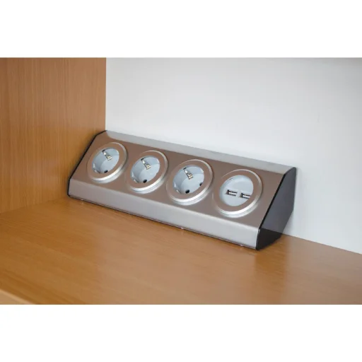 Home KNV 03/USB szerelhető konyhai hálózati elosztó USB aljzatokkal, 3 védőérintkezős és 2 USB aljzat, rozsdamentes acél, felszerelés sarokba is, max. 3680 W,  - 2