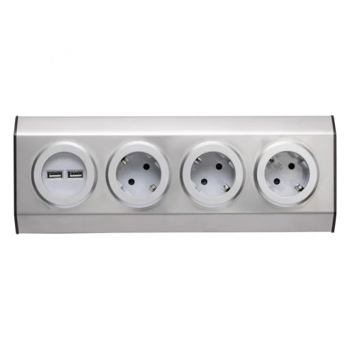 Home KNV 03/USB szerelhető konyhai hálózati elosztó USB aljzatokkal, 3 védőérintkezős és 2 USB aljzat, rozsdamentes acél, felszerelés sarokba is, max. 3680 W,  - 1
