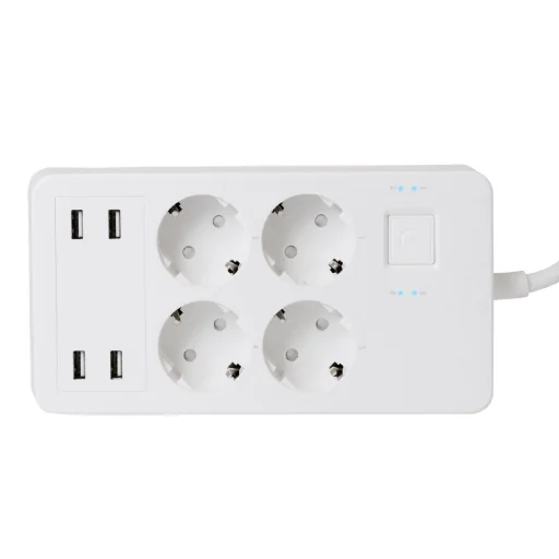 Home NV 4 WIFI smart elosztó, 1,5 m, H05VV-F 3G1,5 mm2 kábel, 4 földelt aljzat, 4 USB aljzat, max.3680W, Tuya alkalmazás kompatibilis, WiFi-s - 2