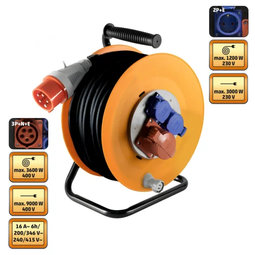 Home HJR 400-25 kültéri ipari kábeldob, 25 m, fém talp, IP44-es védelem, H07RN-F 5G2,5 mm2 gumi kábel, 2 db 2P+E és 1 db 3P+N+E aljzattal, védőkapcsoló - 1