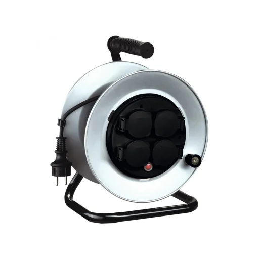 Home HJRM 10-50 fém kábeldob, 50 m, fém talp és dob, IP44-es védelem, H07RN-F 3G1,5 mm2 gumi kábel, max. 3000 W, védőkapcsoló,  fix, nem forgó aljzatokkal - 1