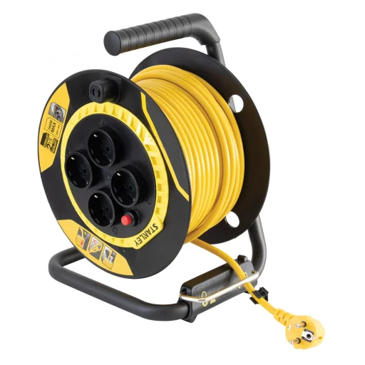 STANLEY SXECCL26BVE beltéri kábeldob, 25 m, beépített kábelvezető, masszív fém láb és fogantyú, H05VV-F 3G1,5 mm2 kábel, max. 3000 W - 1