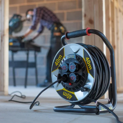 STANLEY SXECCM2FAVE kültéri fém kábeldob, 40 m, IP44-es védelem, kábelvezető, masszív fém dob és láb, H07RN-F 3G1,5 mm2 kábel, max. 3000 W - 2