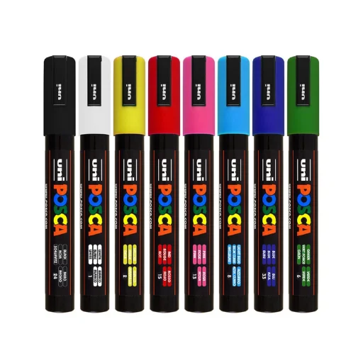uni Posca PC-5M dekormarker készlet, 8db-os, megfordítható és cserélhető hegy 1,8-2,5 mm, vízbázisú festék, UV álló - 2