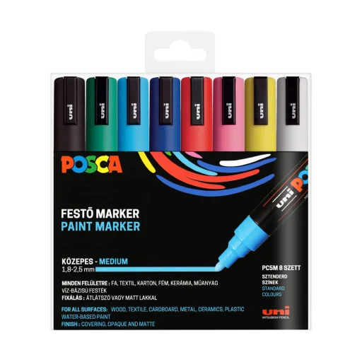 uni Posca PC-5M dekormarker készlet, 8db-os, megfordítható és cserélhető hegy 1,8-2,5 mm, vízbázisú festék, UV álló - 1