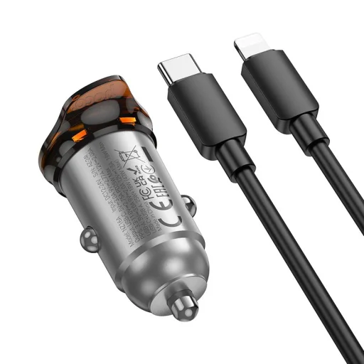 HOCO autós töltő USB A + Type C + Type C Lightning kábel PD QC3.0 43W NZ16A fém szürke - 5